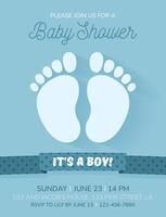 Simple invitation card for a baby shower, birthday, or gender reveal party. It's a Boy. Isolated vertical postcard template with footprints, ribbon and text on blue background. vector