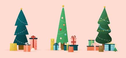 Set of textured illustrations with fir trees, gift boxes, and toys. Cozy art of Christmas trees decorated for the holidays. Flat elements for New Year, Xmas, and winter designs. vector
