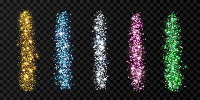 Vertical strokes of multicolored glitter, sparkles, confetti. Isolated scattering lines with light effect. Set of abstract elements with flares, glare and stars for creating luxurious designs. vector