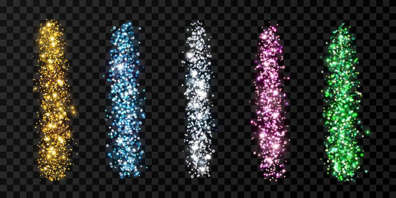 Vertical strokes of multicolored glitter, sparkles, confetti. Isolated scattering lines with light effect. Set of abstract elements with flares, glare and stars for creating luxurious designs.