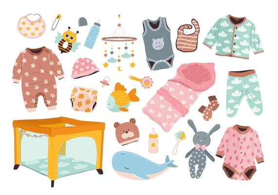 Newborn baby items set. Hand drawn isolated elements for infants. Clothes, play yard, toys, booties, newborn outfit, bib, mobile, swaddle clip, bottles, rattle. Objects for baby shower designs.