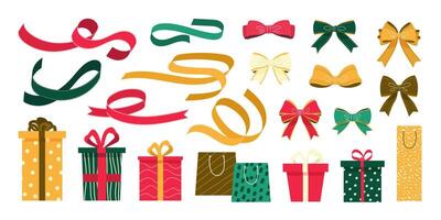 Collection of various patterned gift boxes, bags, ribbons and bows. Isolated elements on white background. Bundle of flat illustrations for festive designs. vector
