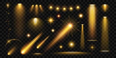 Bright lighting spotlights, stars, flares, sparkles, comets, glitter set with gold light. An isolated effects for concerts, scene illumination, the circus, parties and shows. Abstract design elements. vector