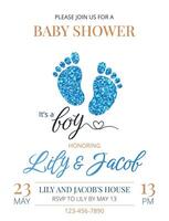 Invitation card for baby shower or birthday party. It's a boy. Simple postcard template with footprints, blue glitter and text on white background. Vertical festive card. vector