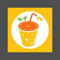 An orange smoothie or milkshake with a straw and orange slices in a yellow circular frame vector