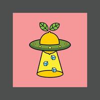 A yellow UFO with green leaves and blue dots, floating against a pink background vector
