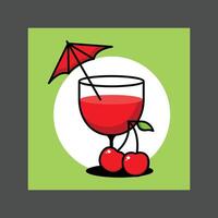 A red cocktail drink with a cherry garnish and a red and white umbrella, on a green background vector