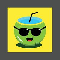 A smiling green coconut drink with a straw and sunglasses against a yellow background vector
