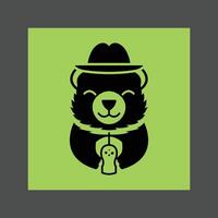 A black silhouette of a panda bear wearing a hat and holding a microphone on a green background vector