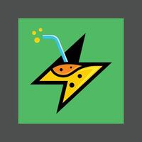 A stylized yellow lightning bolt icon with a black hat and blue bubbles on a green background vector