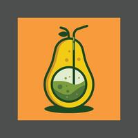 A green and yellow pear-shaped fruit with a leaf on an orange background vector