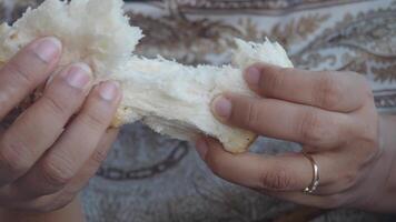 A closeup of hands squeezing a soft, fresh bread roll, emphasizing its texture and taste video