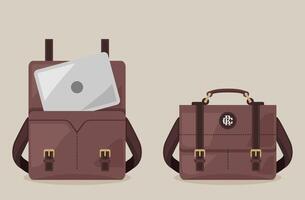 A brown messenger bag with a modern design, showcasing a laptop partially visible inside. Perfect for product labels, ads, banners, or catalogs, targeting professionals, students, and office workers. vector