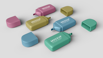 mockup of several super mini color markers, top left view psd