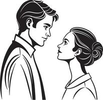 a man and woman are looking at each other in a black and white drawing vector
