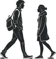 silhouette of a man and woman walking and lokking each other vector