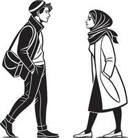 a man and woman in black and white are walking love vector