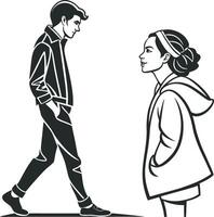 a man and woman walking together in black and white vector