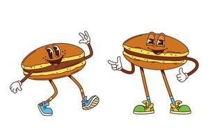 Retro groovy japanese dorayaki dessert characters vector