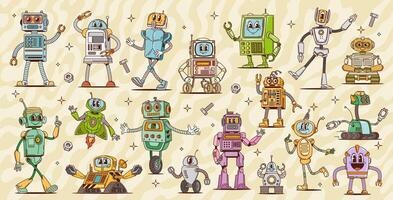 Retro groovy robot characters, transformer toys vector