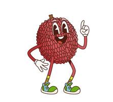Cartoon retro groovy lychee with raised finger vector