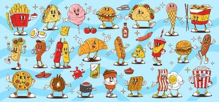 Cartoon retro groovy fast food funny characters vector