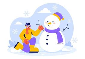 People Enjoying Winter by Building a Snowman in a Flat Style Illustration vector