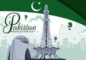 Pakistan Resolution Day Illustration on 23 March with National Flag and Famous Landmarks in a Flat Style Design vector