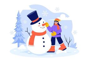 Flat Style Winter Activities with People Playing in the Snow and Making a Snowman vector
