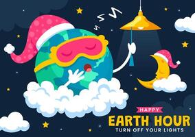 Save Energy on Earth Hour Illustration Featuring Light Bulb, World Map, and Cloud in Flat Design vector