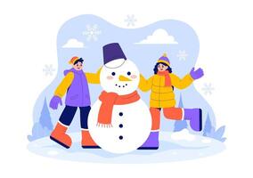Illustration of Winter Fun with People Creating a Snowman in a Cartoon Background vector