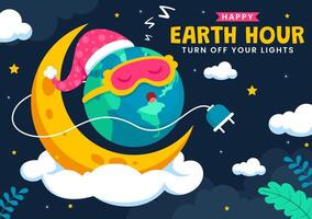 Happy Earth Hour Concept Illustration with World Map, Clock, and Energy Saving Theme in Flat Style vector