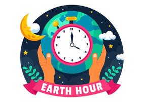 Illustration of Earth Hour with Time to Turn Off Lights Featuring World Map and Cloud in Flat Style vector