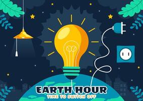 Happy Earth Hour Art Featuring a World Map, Clock, and the Message of Energy Saving in Flat Style vector