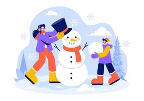 Outdoor Winter Fun with a Group Making a Snowman in a Flat Design vector