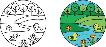 Spring Ducks Pond Coloring Page Nature Scene Illustration vector