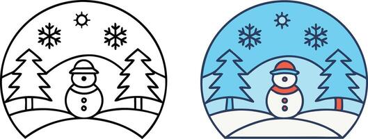Winter Wonderland Snowman Scene Line Art and Color Illustrations vector