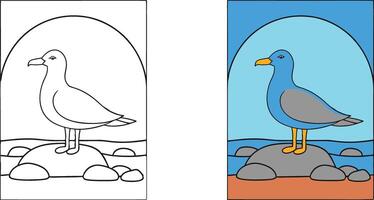 Seagull Coloring Page Bird on Rocks, Ocean, Beach Scene vector