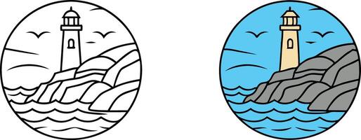 Coastal Lighthouse Scene Line Art and Color Version vector