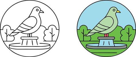 Pigeon on a Fountain, Park Scene, Line Art, Coloring Page vector