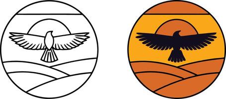 Sunset Landscape Bird Silhouette Design Outline and Color Version vector