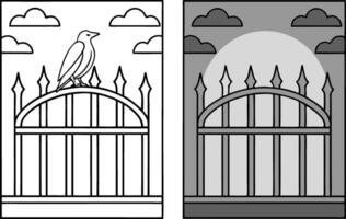 Bird on Arched Gate Coloring Page, Black and White, Fence, Sky, Clouds, Moon vector