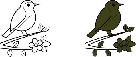 Spring Bird on Branch, Coloring Page, Bird Illustration, Nature, Robin, Flower, Leaves, Simple Desig vector