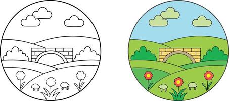 Idyllic Coloring Page Bridge, Hills, Sheep, Flowers, Clouds vector