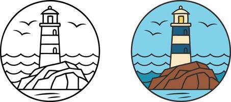 Coastal Lighthouse Icon Line Art and Color Illustrations vector