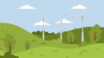 Wind turbines on a hillside with trees and grass Background Animation video