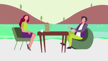 Two people sitting table in front of a lake Couple drinking tea in cafe Animation video