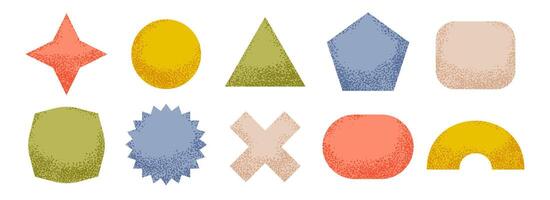 Textured sticker shape collection. Set of abstract dotted blank badges for price tag and sale promotion. Primitive geometric label element pack. Bright noise patch pack. Design elements vector