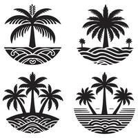 Silhouette Tropical Nature Scene with Black Palm Tree Design on White Background vector