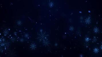 Luminescent blue snowflakes in a dark atmosphere, creating a cold, enchanting winter design video